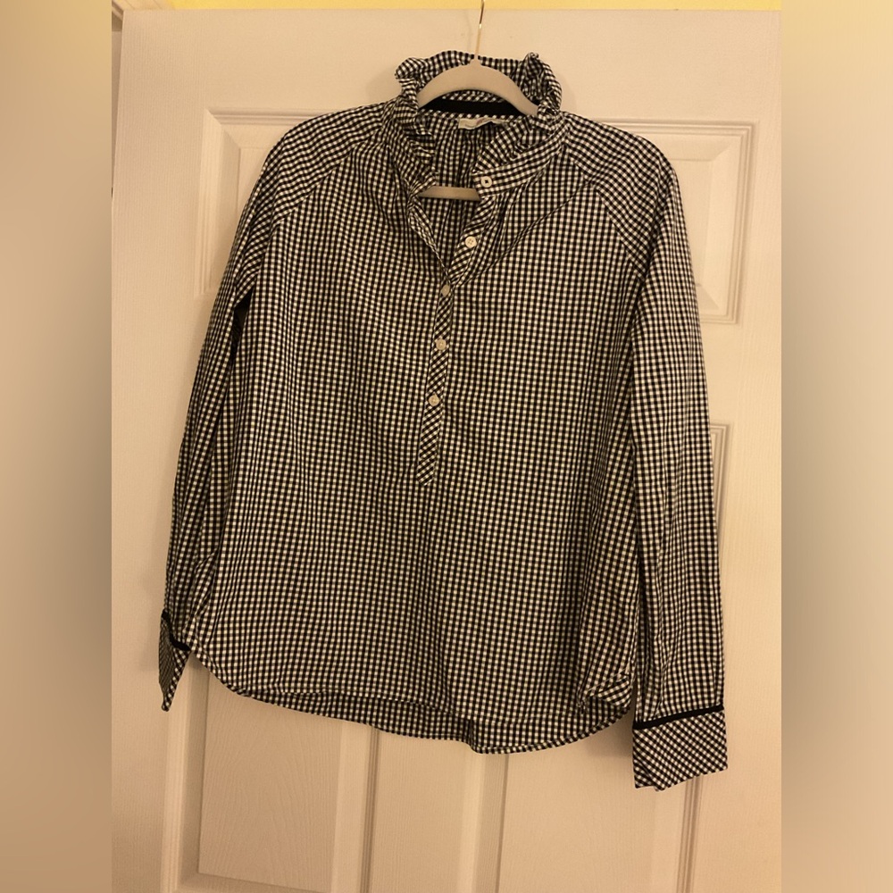 Vineyard Vines Black White Gingham Ruffle Neck Popover Shirt Sz 12 Preppy 🐳
